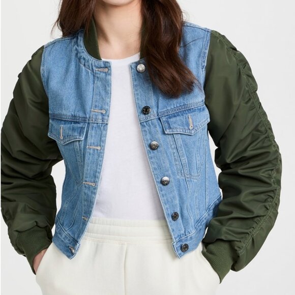 Veronica Beard Emelia Combo Jacket Size XS Denim Blue Green Puff Sleeve Ribbed